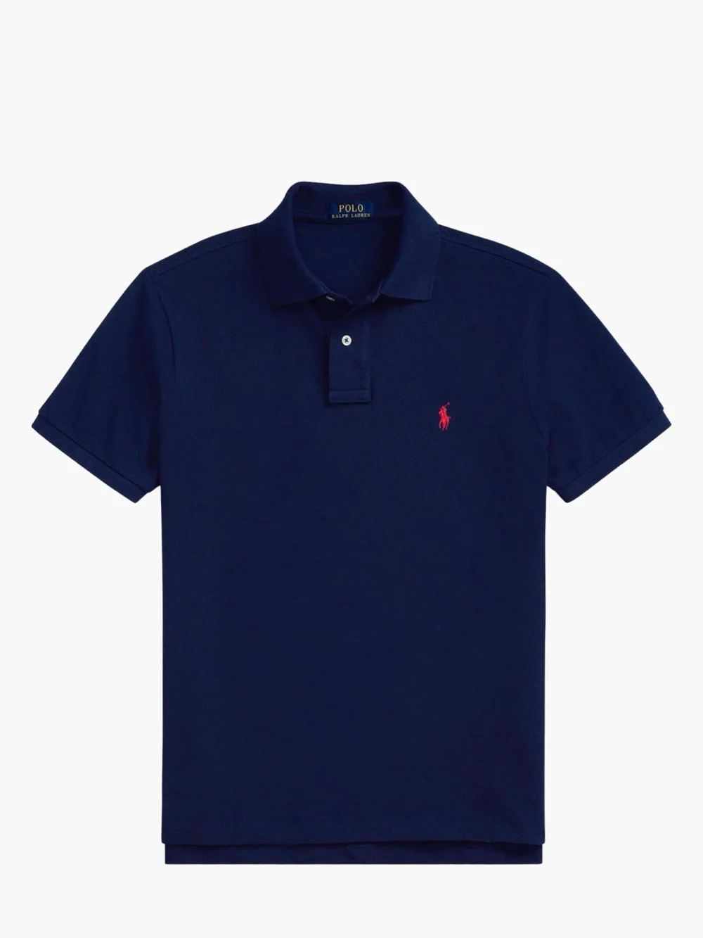 Polo by Ralph Lauren, a custom slim-fit navy polo with red pony embroidery.